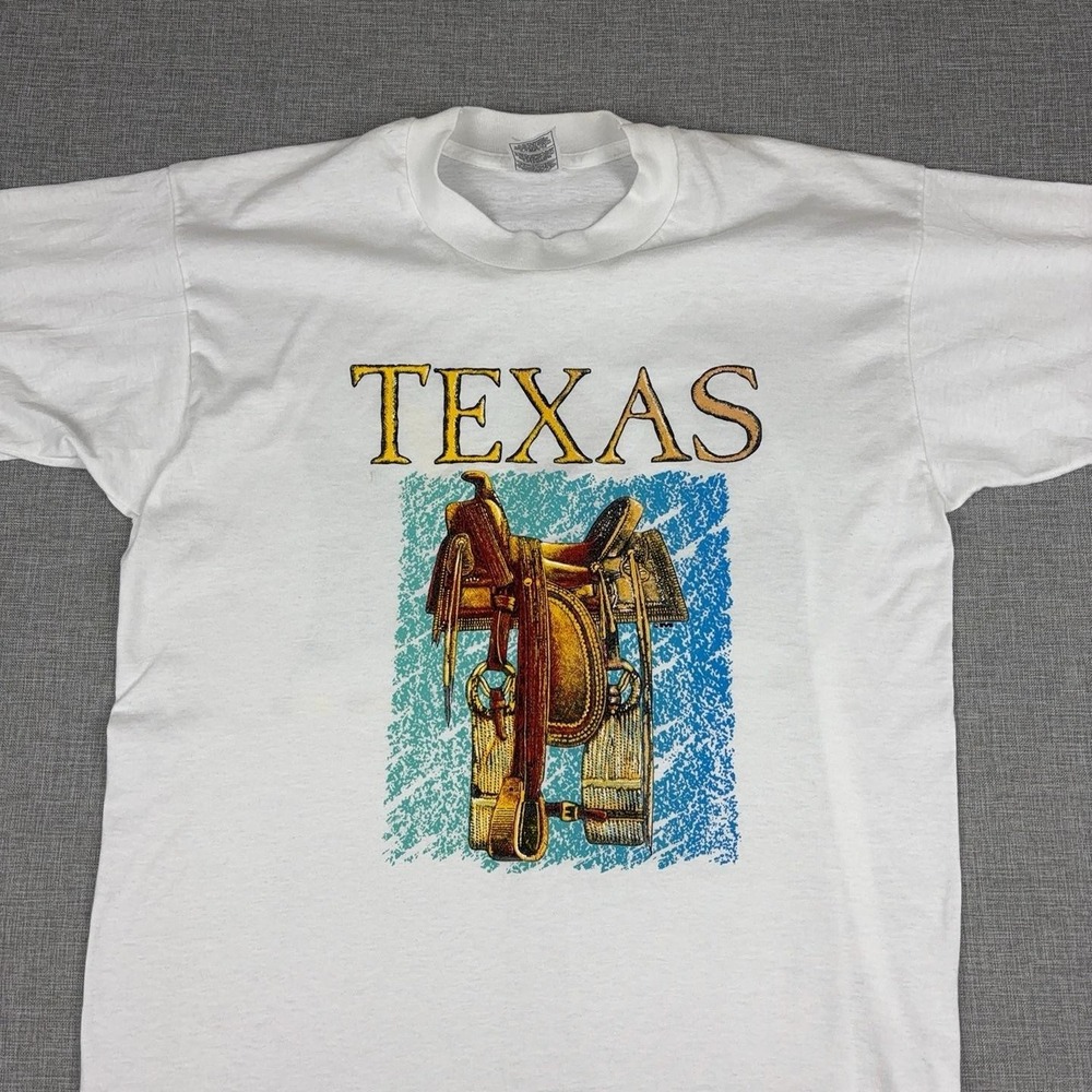 Vintage Texas Cowboy Shirt Mens Large White Horse Graphic Tee Single Stitch 90s